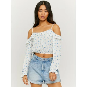 Blue-white flowered short blouse with ruffles TALLY WEiJL - Women