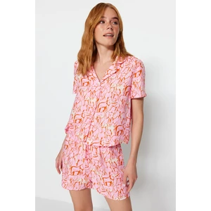 Trendyol Pink Viscose Animal Patterned Shirt-Shorts Woven Pajamas Set