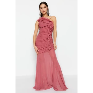 Trendyol Pale Pink Lined Flounce Tulle Long Evening Evening Dress