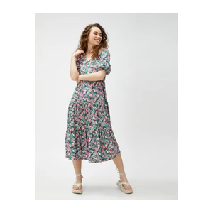 Koton Floral Midi Dress with Balloon Sleeves, V-neck and Ruffles