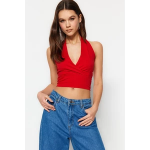 Trendyol Red Fitted/Small Crop Double-breasted Cotton Stretch Knit Blouse