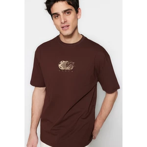 Trendyol Brown Men's Relaxed/Comfortable Cut, Printed 100% Cotton T-Shirt