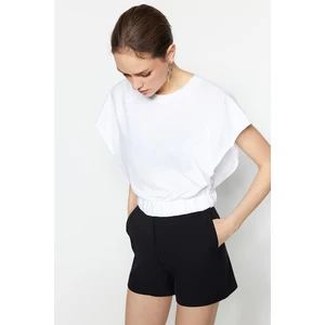 Trendyol White 100% Cotton Raglan Sleeve Crop Crew Neck Knitted T-Shirt