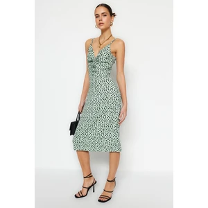 Trendyol Mint Polka Dot Print Crepe Knitted Midi Dress with Open Waist / Skater Straps