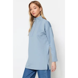 Trendyol Blue Zipper Detail Diver/Scuba Plain Knit Sweatshirt