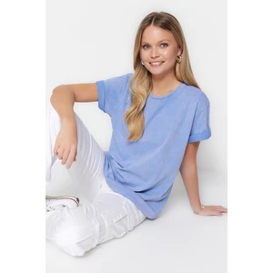 Trendyol Light Blue 100% Cotton Faded Effect Boyfriend/Wide Fit Crew Neck Knitted T-Shirt