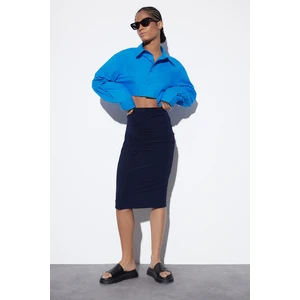 Trendyol Navy Blue Shirred Detail Fitted/Simple High Waist Midi Pencil Stretch Knitted Skirt