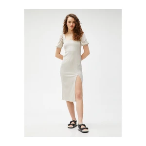 Koton Midi Dress with Balloon Sleeves and a Slit Square Neckline.