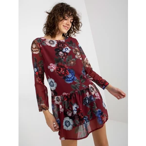 Women's floral mini dress with frills - burgundy