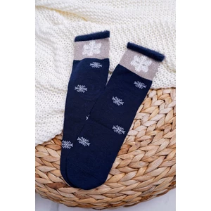 Women's socks warm dark blue with snowflake