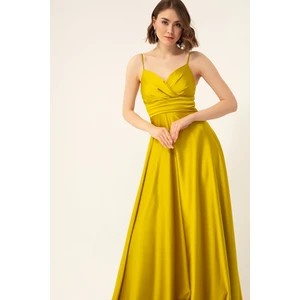 Lafaba Women's Pistachio Long Satin Evening Dress & Prom Dress with Thread Straps and Waist Belt