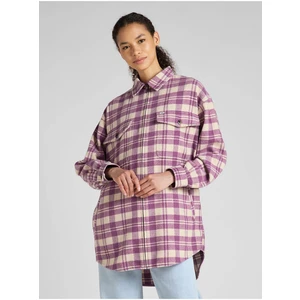 Cream-Pink Women's Plaid Shirt Jacket with Lee Wool - Women