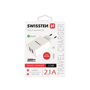 Nabíječka Swissten Smart IC 2.1A s 2 USB konektory a datovým kabelem USB/Typ C, 1,2m, bílá