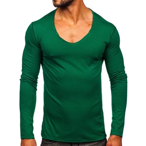 Zelené pánské tričko s dlouhým rukávem bez potisku Bolf 547