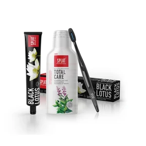 SPLAT Vianočné SPLAT Trio Black Lotus zubná pasta 75 ml & Total Care ústna voda 275 ml s kefkou