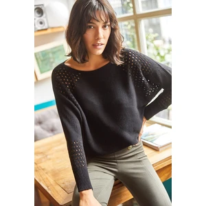Olalook Women's Black Oversized Knitwear Sweater with Openwork