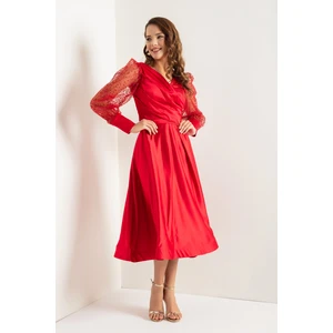 Lafaba Women's Red Double Breasted Neck Silvery Midi Satin Evening Dress