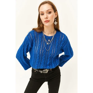 Olalook Women's Saxe Blue Hair Braided Openwork Knitwear Sweater