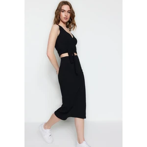 Trendyol Black Tie Detail, Crop Corduroy, Flexible Knit Top-Upper Set