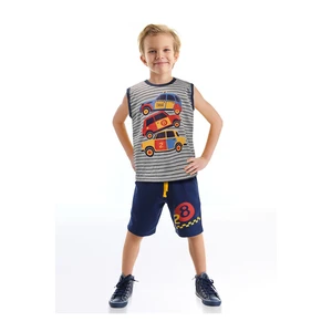 Denokids Taxi Boy Boy Striped Gray T-shirt, Navy Blue Printed Shorts Set.