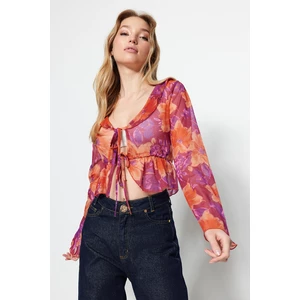 Trendyol Pink Floral Pattern Lace-Up and Ruffle Detailed Crop, Stretchy Tulle Knitted Blouse