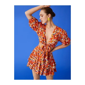 Koton Floral Crop Blouse V-Neck Tie Detail