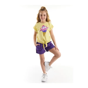 Mushi Ice Cream Girls' Yellow T-shirt with Purple Gabardine Shorts Set.