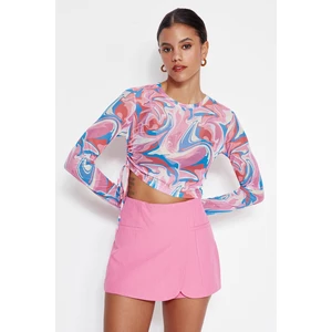 Trendyol Multicolored Printed Shirring Detailed Crew Neck Basic Crop Stretchy Tulle Knitted Blouse