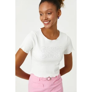 Koton Crop T-Shirt Short Sleeves Crew Neck Embroidered Shiny Stones.