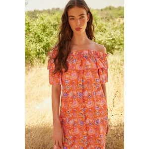 Trendyol Orange Carmen Collar, Straight Cut, Mini Woven Floral Print Dress