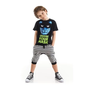 Mushi Masked Tiger Boy Cotton Boy Black T-shirt Striped Gray Capri Shorts Set