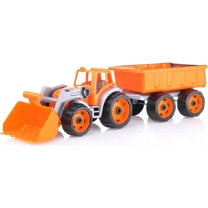 Traktor s přední lžící a vlekem oranžový