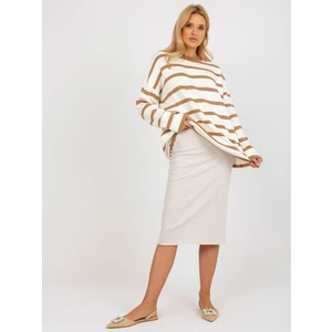 Light brown and ecru striped oversized sweater with stand-up collar by RUE PARIS