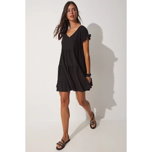 Happiness İstanbul Women's Black V-Neck Flared Knitted Summer Dress