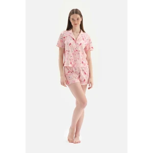 Dagi Salmon Shirt Collar Printed in Sizes and Knitted Pajamas Set