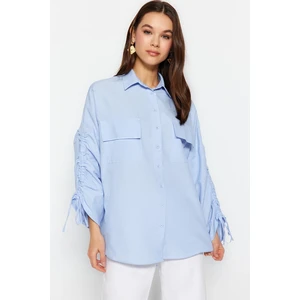 Trendyol Light Blue Blue Shirt with Adjustable Drawstring Detail Woven Cotton Shirt