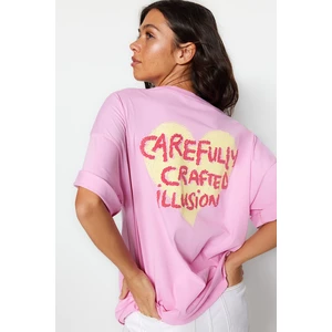 Trendyol Pink 100% Cotton Front and Back Embossed Printed Oversized/Wide Knitted T-Shirt