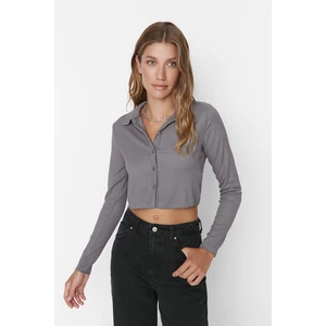 Trendyol Gray Buttoned Fitted/Situated Polo Neck Crepe/Textured Crop Knitted Blouse