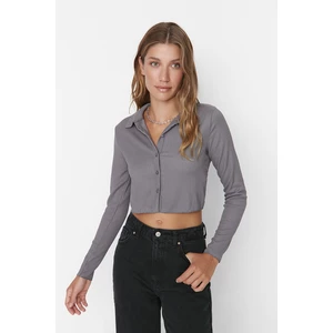 Trendyol Gray Knitted Blouse with Buttons/Fitted Polo Neck Creme/Textured Crop