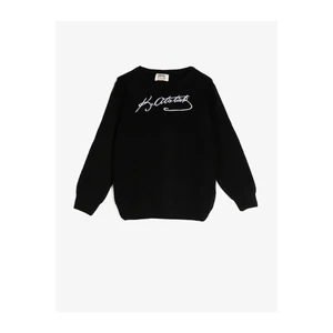 Koton Boy Black Cotton Crew Neck Ataturk Printed Sweater