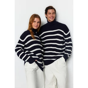 Trendyol Navy Blue Unisex Oversize Fit Wide Fit Striped Knitwear Sweater.