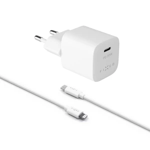 Set síťové nabíječky FIXED Mini s USB-C výstupem a USB-C/Lightning kabelu, podpora PD, 1 metr, MFI, 20W, bílá