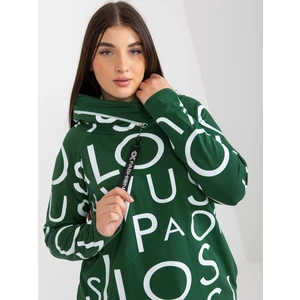 Dark green sweatshirt of larger size with printed hoodie