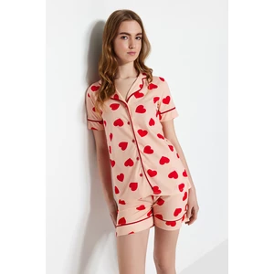 Trendyol Salmon Heart Pattern Piping Detailed Cotton Shirt-Shorts Knitted Pajamas Set