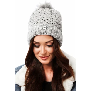 Warm winter beanie with pompom, light gray