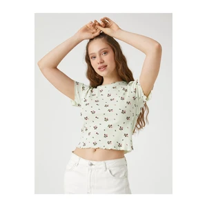 Koton Crop T-Shirt Short Sleeves Floral Print Crew Neck