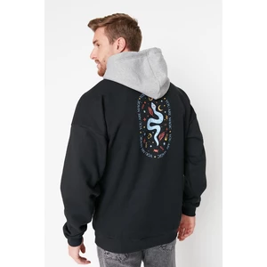 Trendyol Black Men's Oversized Hoodie. Text Printed Sweatshirt with a Soft Pillow Inside