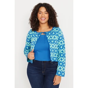 Trendyol Curve Blue Geometric Pattern Tie Detailed Knitwear Blouse & Cardigan Suit