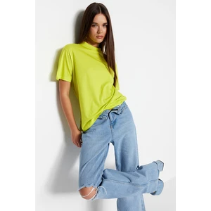 Trendyol Oil Green 100% Cotton Basic Stand-Up Collar Knitted T-Shirt