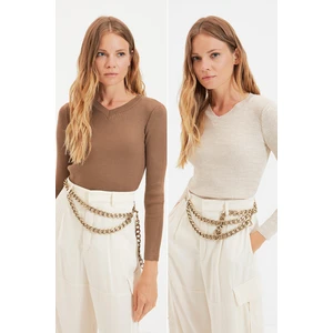 Trendyol Brown-Stone V-Neck 2-Pack Knitwear Sweater